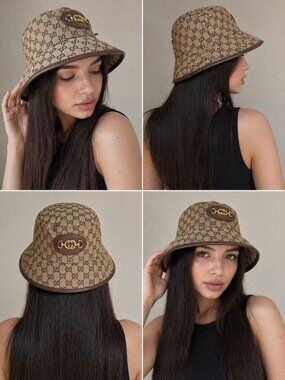 Gucci GG Monogram Bucket Hat Beige Brown Canvas Leather Trim Size M/L